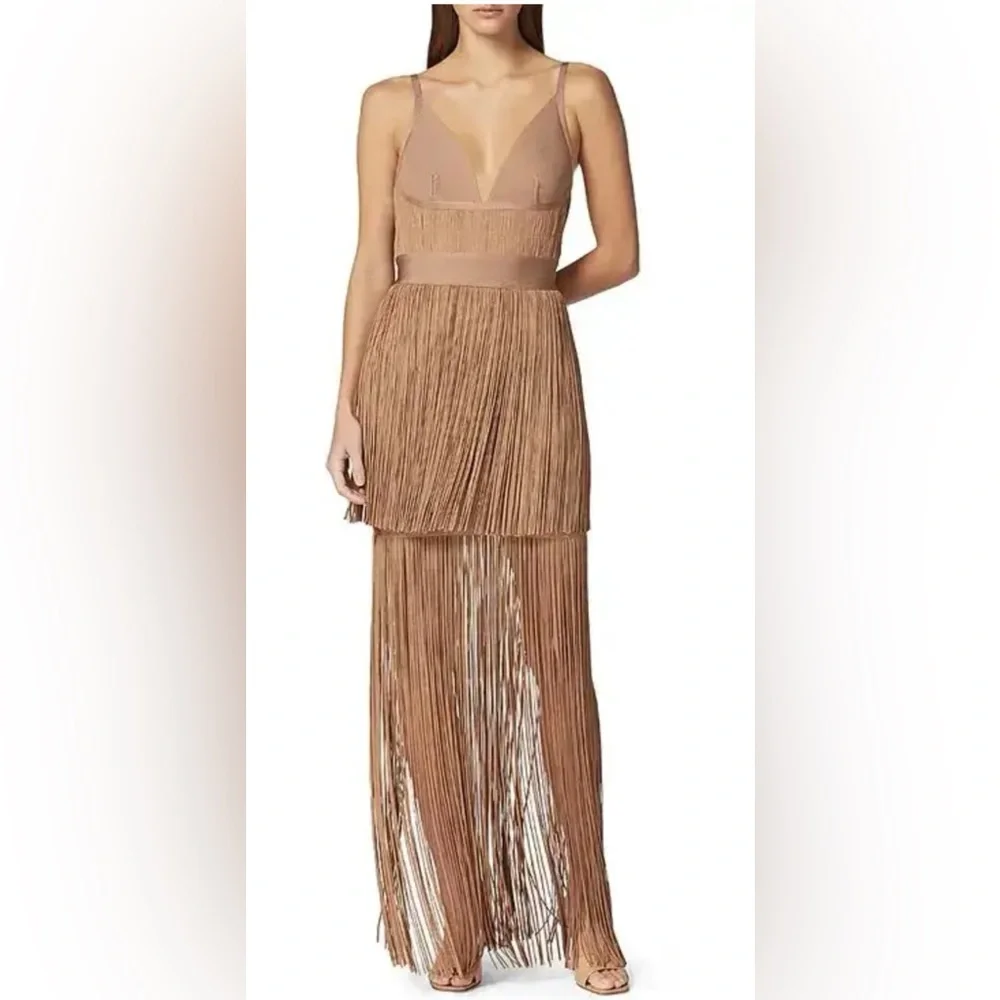 HERVE LEGER Fringe Gown - Toffee FRI8438676 NWT - Picture 1 of 7